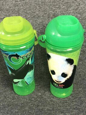 Lot Of 2 San Diego Zoo Park Cups w/Lid and Handle 24oz Each Shamu + Panda Bear